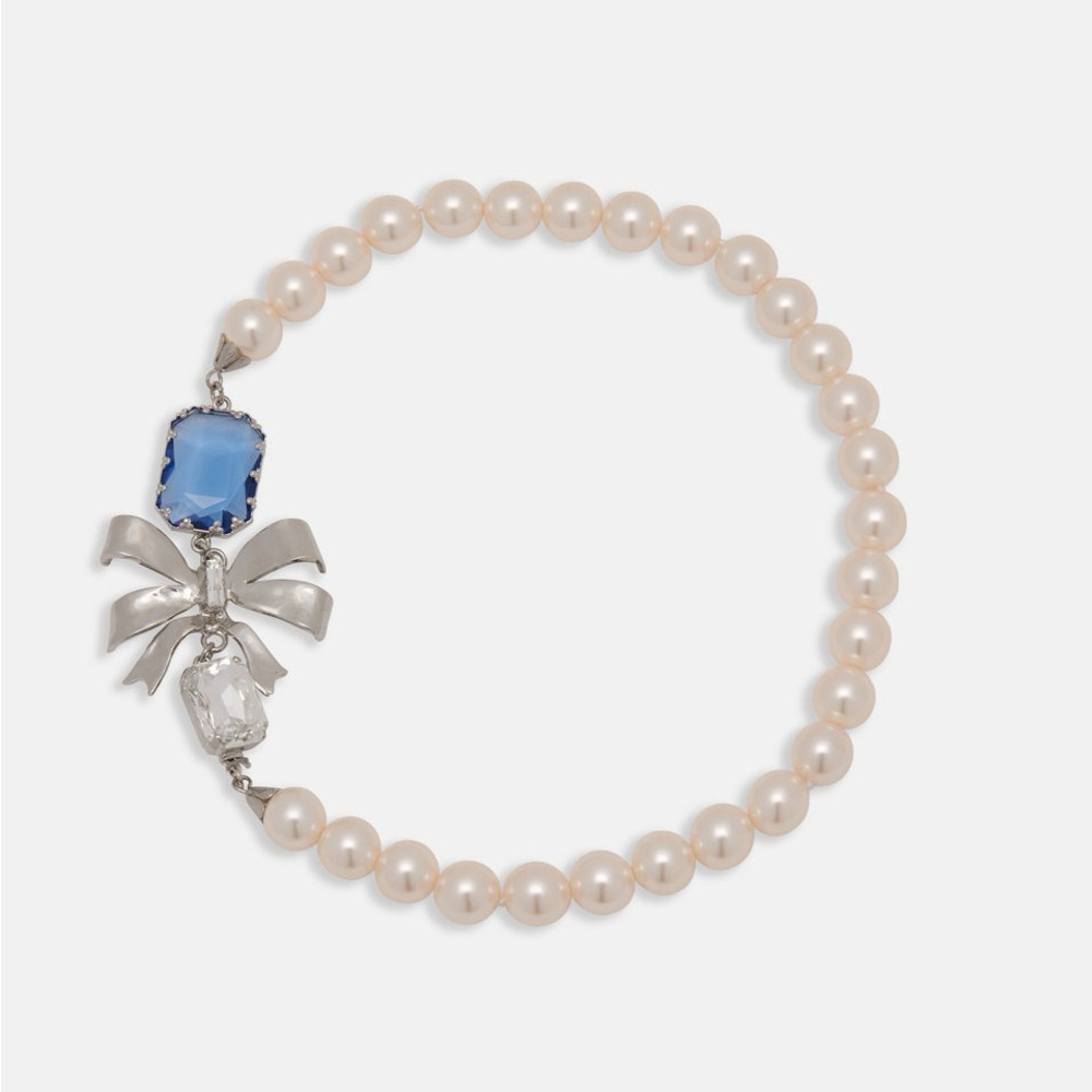 Alessandra Rich Single Pearl Necklace With Bow And Crystal